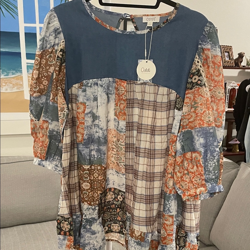 Colorful Patchwork Blouse with Denim Detail - Picture 3 of 6